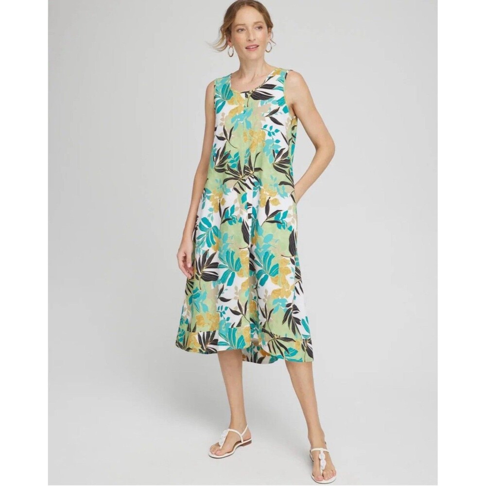 Chico's Zenergy UPF Sleeveless Leaves Dress Tropical Resort Summer Womens 6